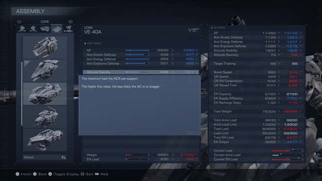 A screenshot shows a list of stats in the assembly menu.